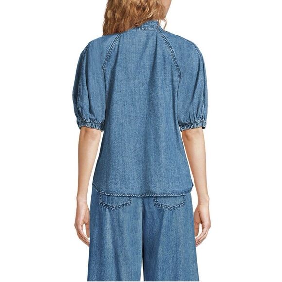 Lands End Denim Puff Sleeve Tie Front Top Women’s XL Medium Wash 100% Cotton - Picture 2 of 9